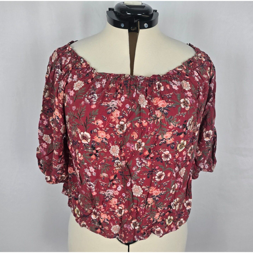 Stradivarius Blouse Women's M Red Pink White Floral Gathered 3/4 Sleeve Ruffles
